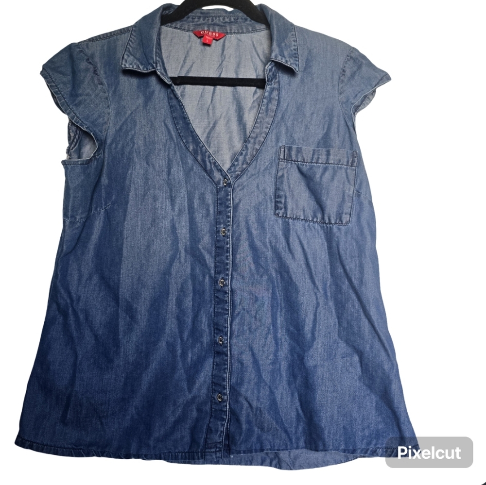 GUESS Women's Cap Sleeve Button Down Denim Top
